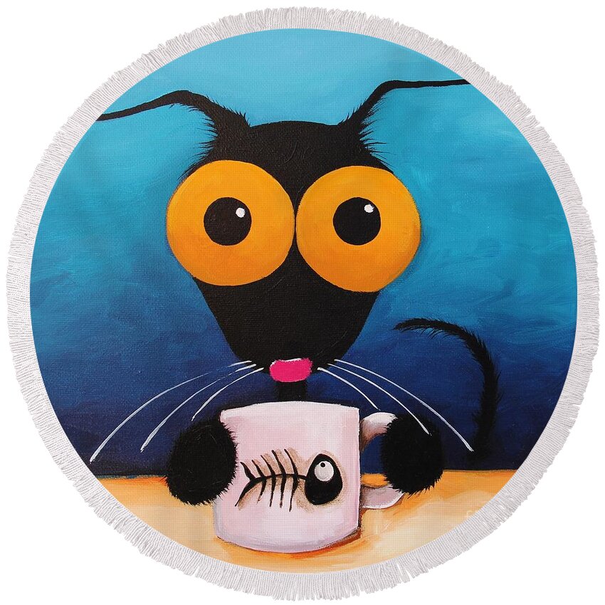 Stressie Cat Round Beach Towel featuring the painting Smells like coffee by Lucia Stewart