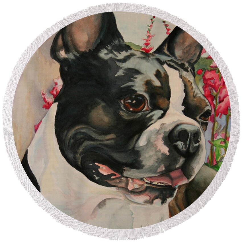 Boston Terrier Round Beach Towel featuring the painting Smile by Susan Herber
