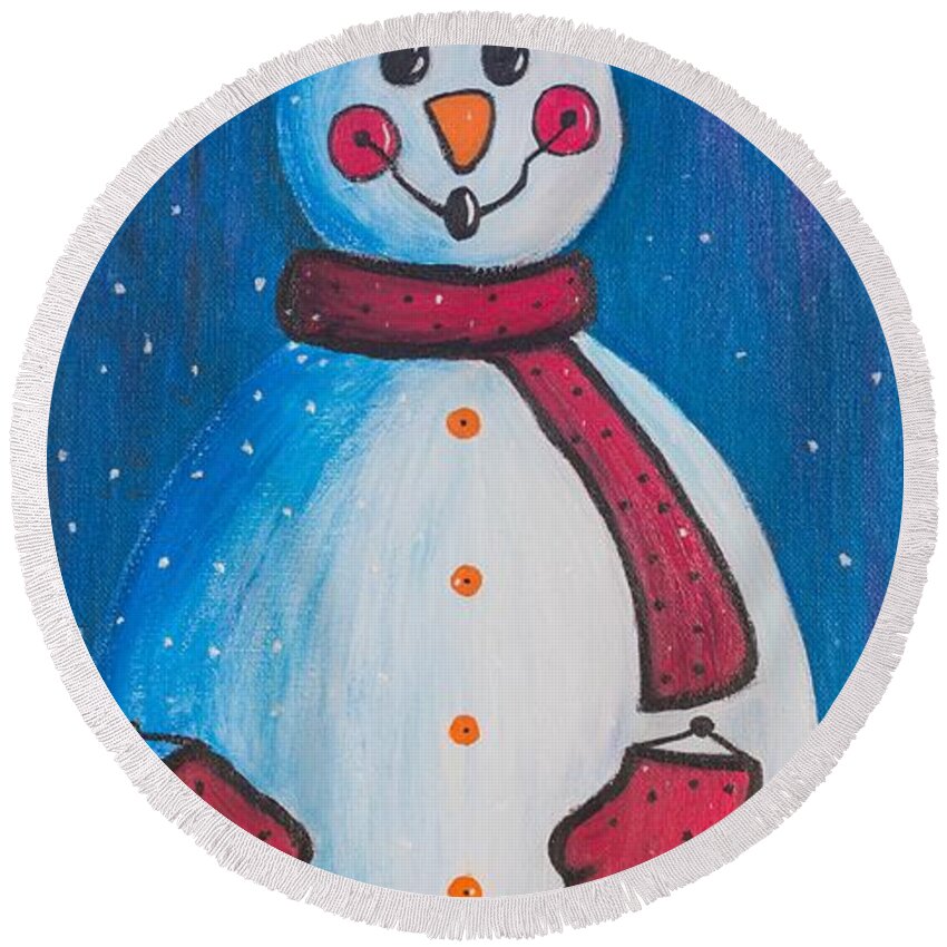 Snowman Round Beach Towel featuring the painting Smiley Snowman by Neslihan Ergul Colley