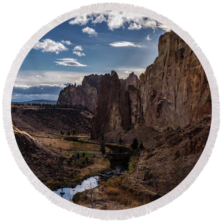Rock Round Beach Towel featuring the photograph Smith Rock and Crooked River by Cat Connor
