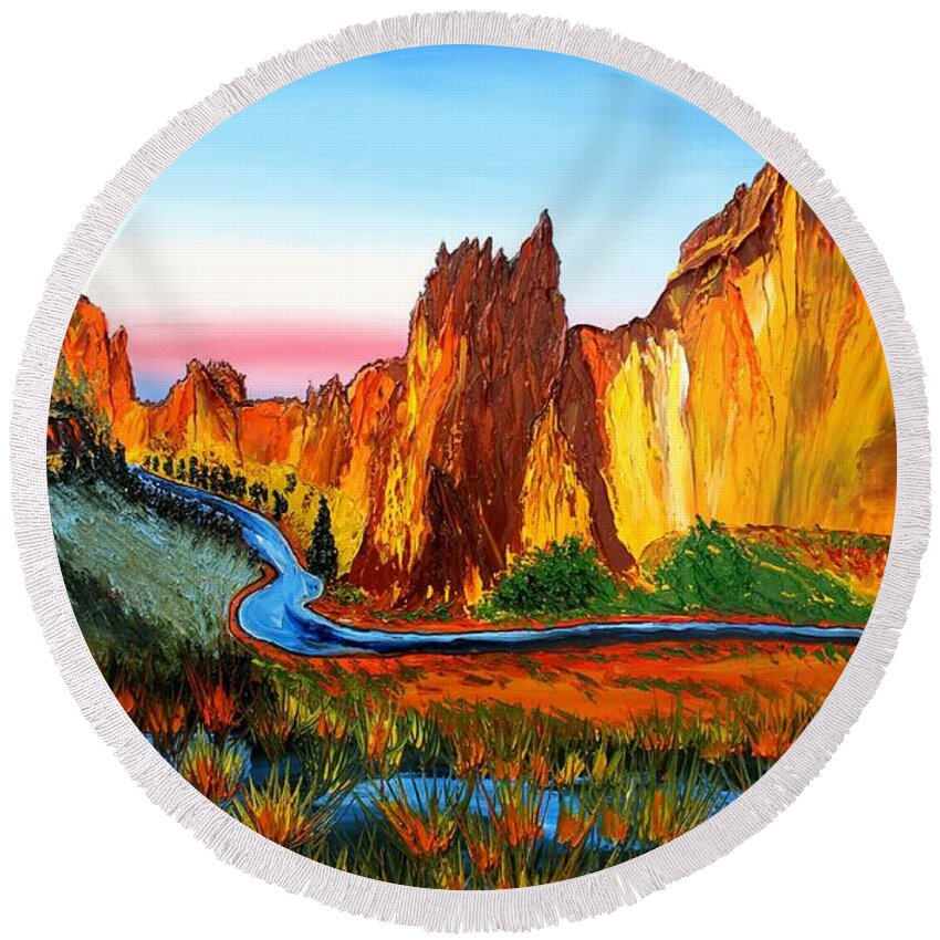  Round Beach Towel featuring the painting Smith Rock At Sunset 3 by James Dunbar