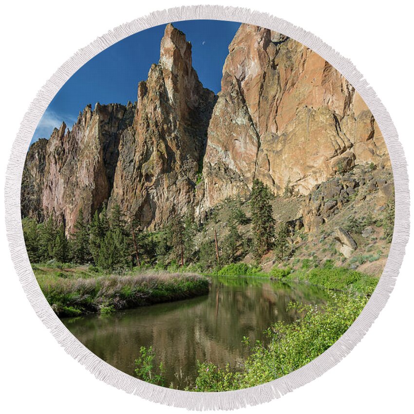 Smith Rock Round Beach Towel featuring the photograph Smith Rock Spires by Greg Nyquist