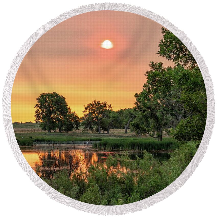 Sunrise Round Beach Towel featuring the photograph Smoke Makes for a Nice Sunrise by Tony Hake