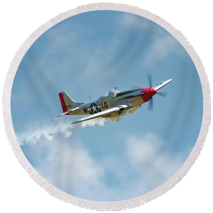 P51 Round Beach Towel featuring the photograph Smokin 51 Color by Gulf Coast Aerials -