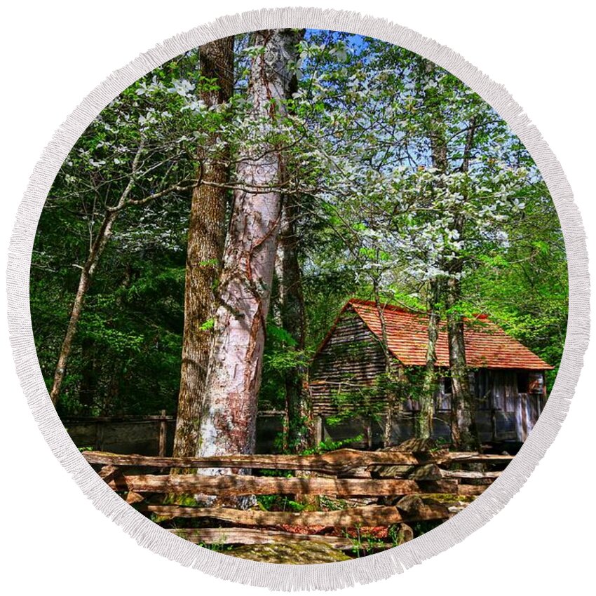 Dogwoods Round Beach Towel featuring the photograph Smoky Mountain Grist Mill Among The Dogwoods by Carol Montoya