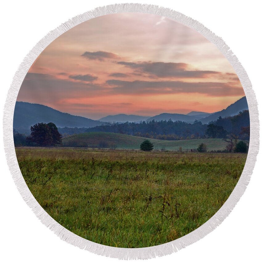 Cades Cove Round Beach Towel featuring the photograph Smoky Mountain Morning 001 by George Bostian