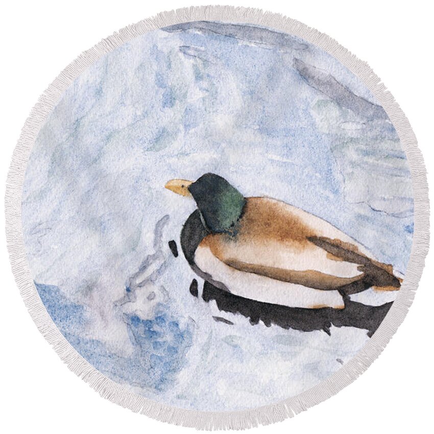 Watercolor Round Beach Towel featuring the painting Snake Lake Duck Sketch by Ken Powers