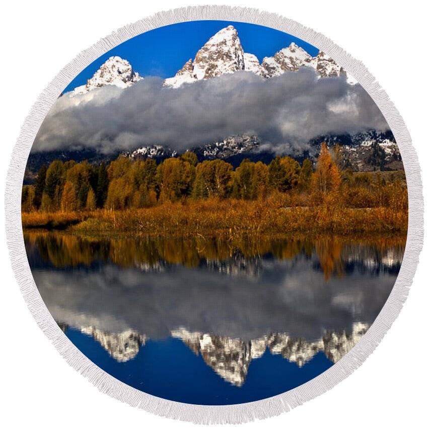 Gtnp Round Beach Towel featuring the photograph Snake River Fall Reflections by Adam Jewell