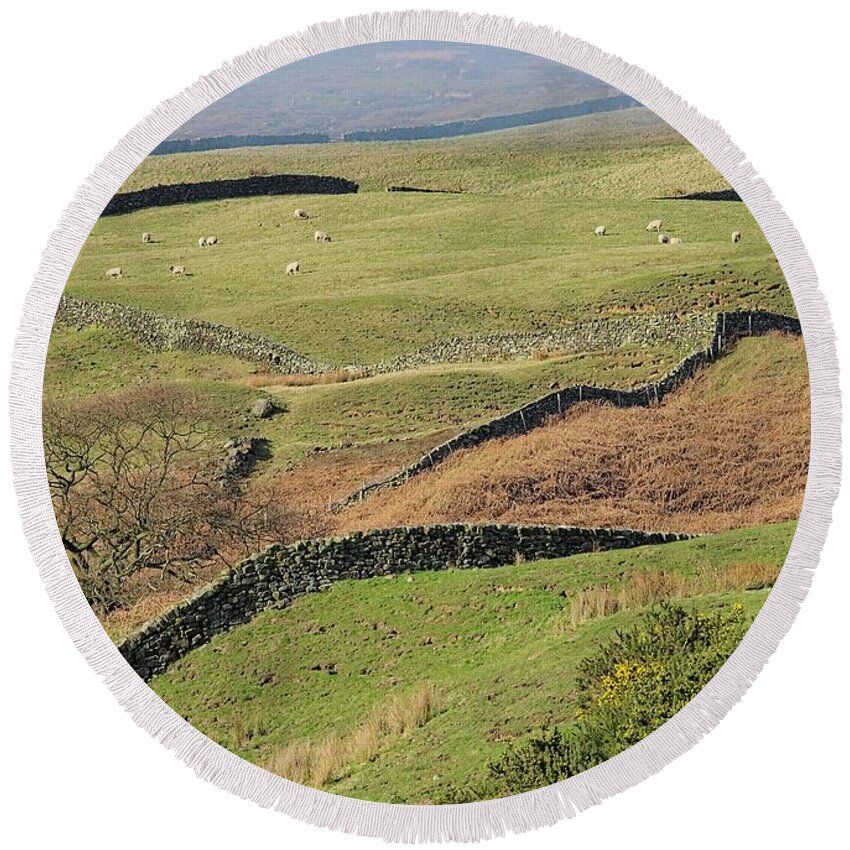 Yorkshire Moors Round Beach Towel featuring the photograph Snaking Stone Walls by Martyn Arnold