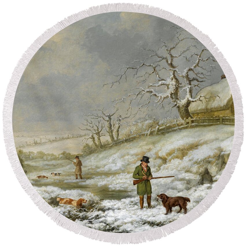 James Barenger Round Beach Towel featuring the painting Snipe Shooting in a Winter Landscape by James Barenger