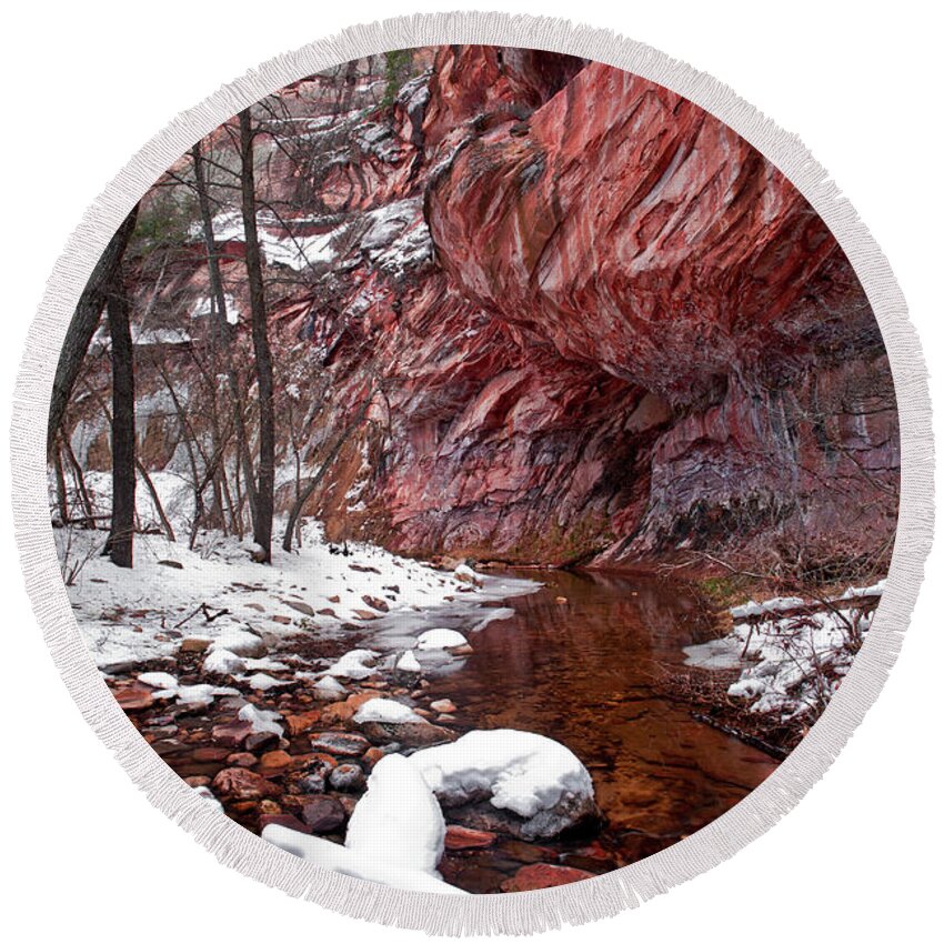Snow Round Beach Towel featuring the photograph Snow along the Stream by Rick Strobaugh