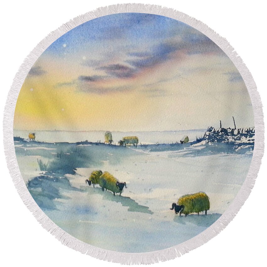 Glenn Marshall Yorkshire Artist Round Beach Towel featuring the painting Snow and Sheep on the Moors by Glenn Marshall