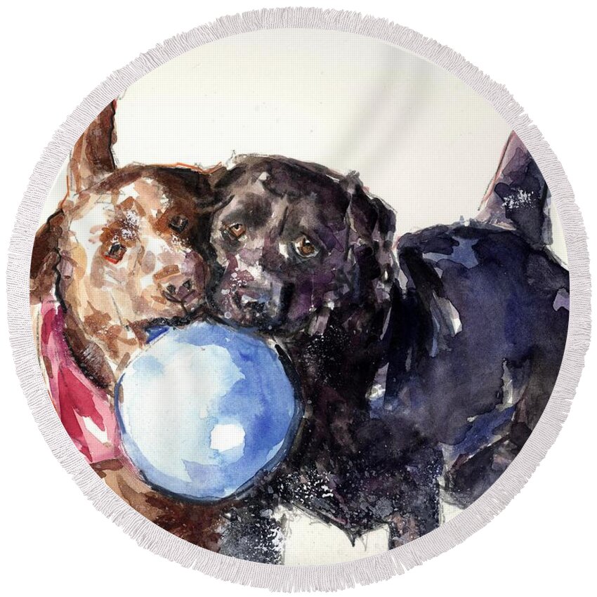 Dogs In Snow Round Beach Towel featuring the painting Snow Ball by Molly Poole