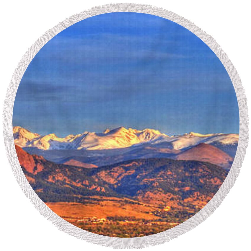 Colorado Round Beach Towel featuring the photograph Snow-capped Panorama of The Rockies by Scott Mahon