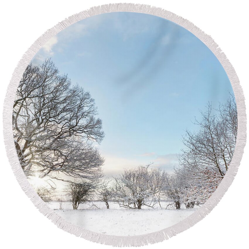 Snow Round Beach Towel featuring the photograph Snow covered tree line with early morning sunrise by Simon Bratt