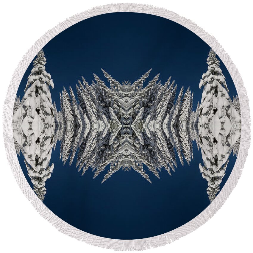 Frost Round Beach Towel featuring the digital art Snow Covered Trees Kaleidoscope by Pelo Blanco Photo