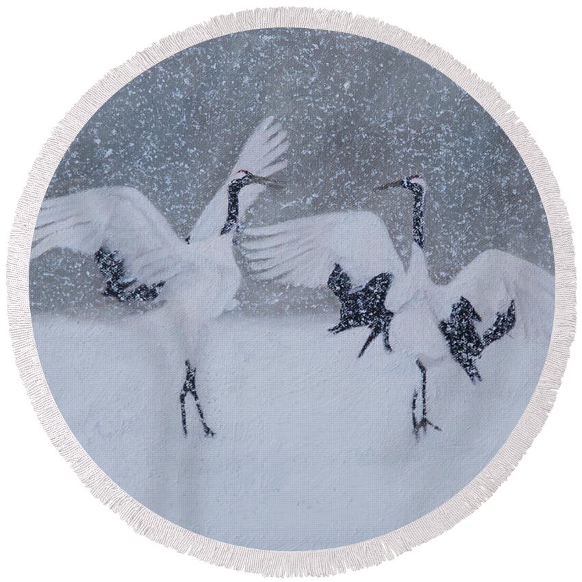 Bird Round Beach Towel featuring the painting Snow Dancers by Masami Iida