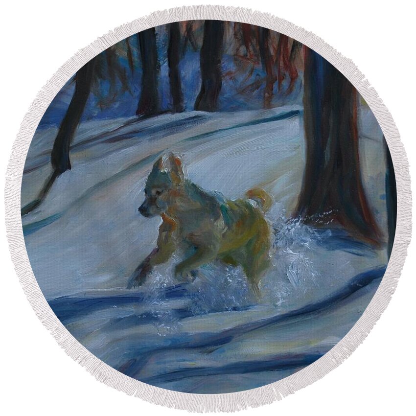Landscape Round Beach Towel featuring the painting Snow Day by Susan Hensel