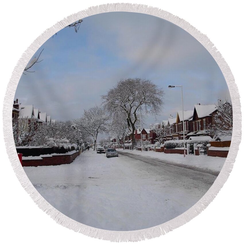 Snow Scene Round Beach Towel featuring the photograph Snow Down Our Road by Joan-Violet Stretch