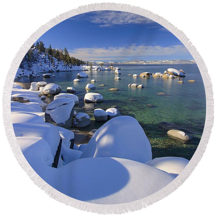 Lake Tahoe Round Beach Towel featuring the photograph Snow Hearts In Lake Tahoe by Sean Sarsfield