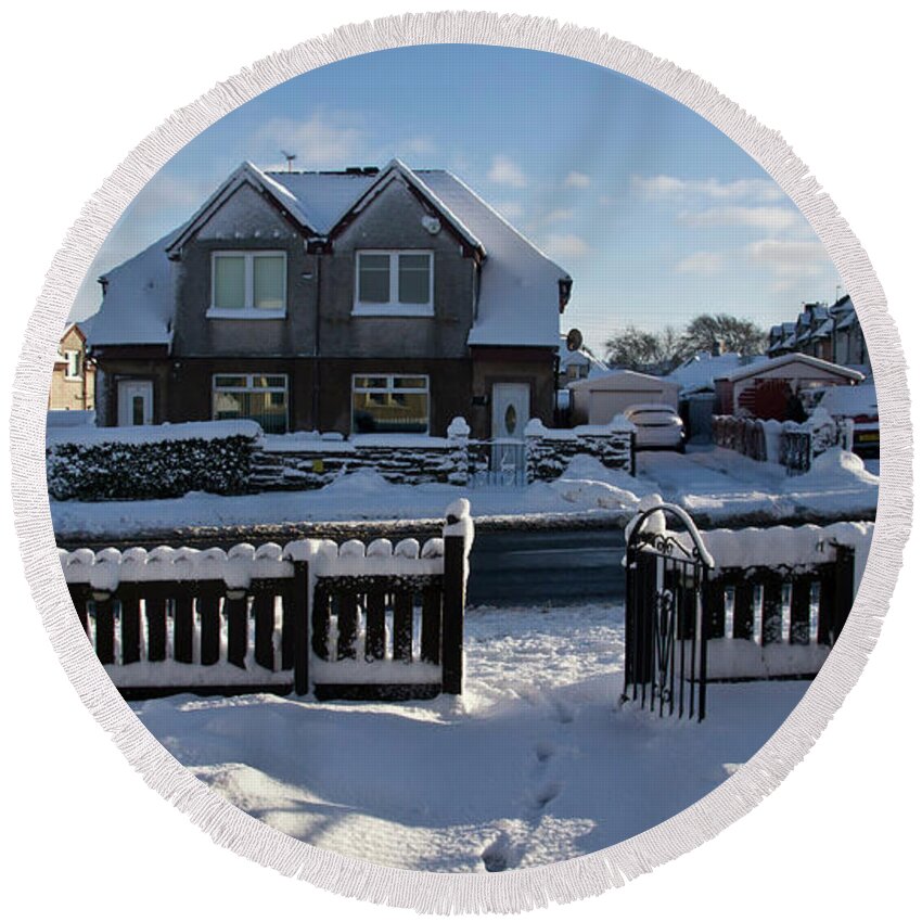 Village Round Beach Towel featuring the photograph Snow in a village by Elena Perelman