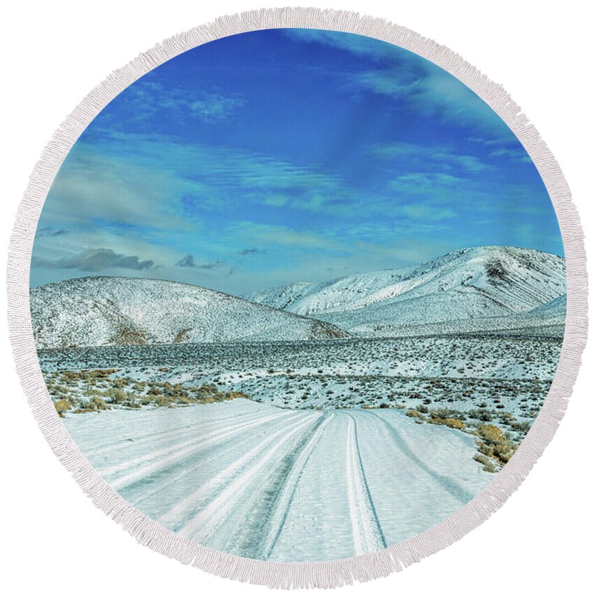 California Round Beach Towel featuring the photograph Snow in Death Valley by Peter Tellone