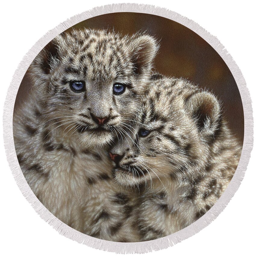 Snow Leopard Art Round Beach Towel featuring the painting Snow Leopard Cubs - Playmates by Collin Bogle