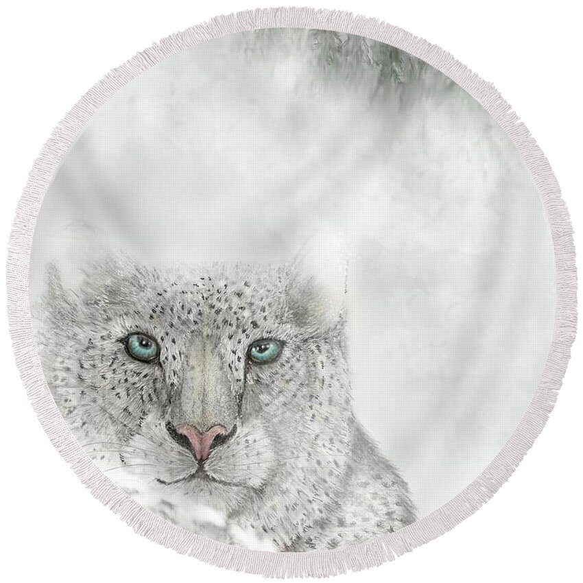 Leopard Round Beach Towel featuring the digital art Snow Leopard by Darren Cannell