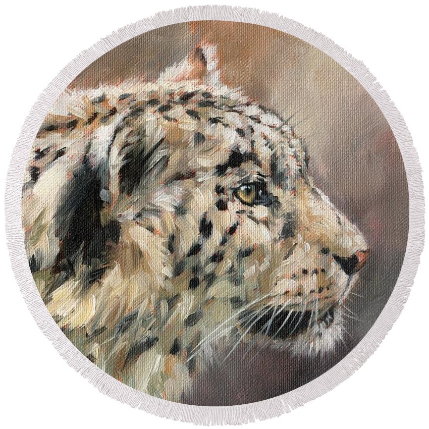 Snow Leopard Round Beach Towel featuring the painting Snow Leopard Study by David Stribbling