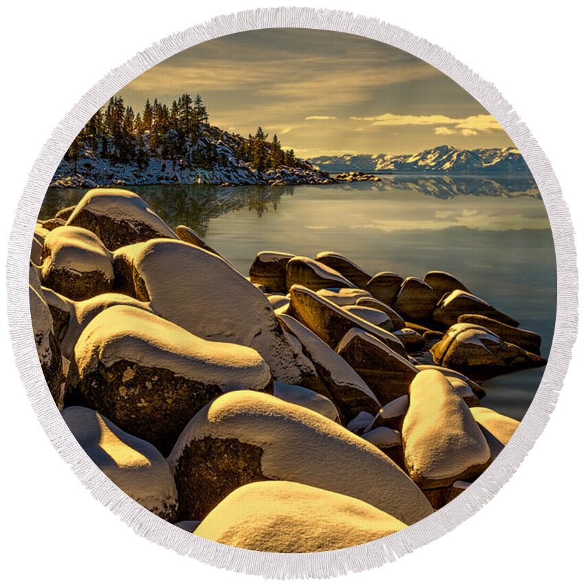 Landscape Round Beach Towel featuring the photograph Snow On Boulders by Maria Coulson