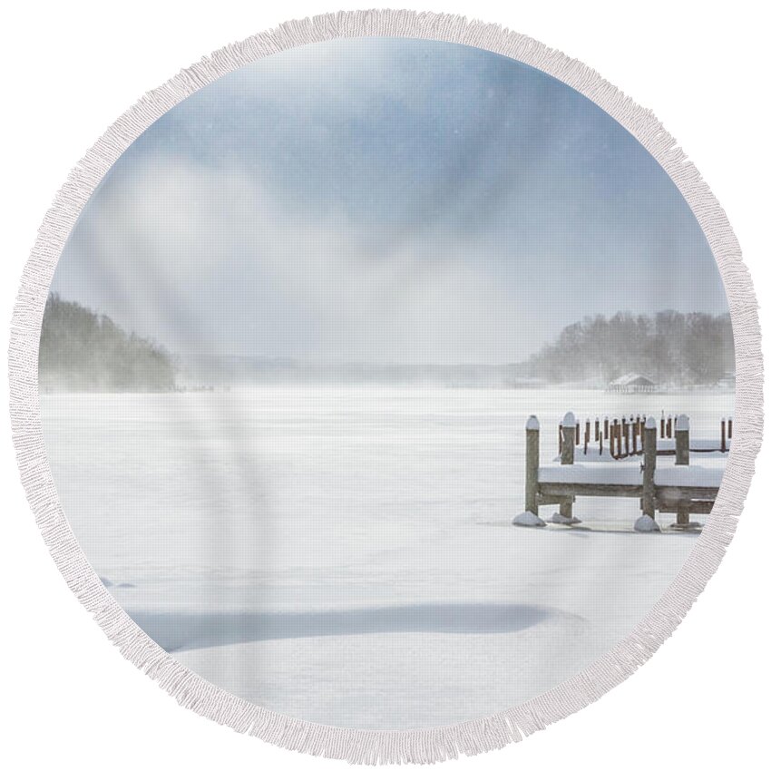 Usa Round Beach Towel featuring the photograph Snow on Lake Charlevoix by Framing Places
