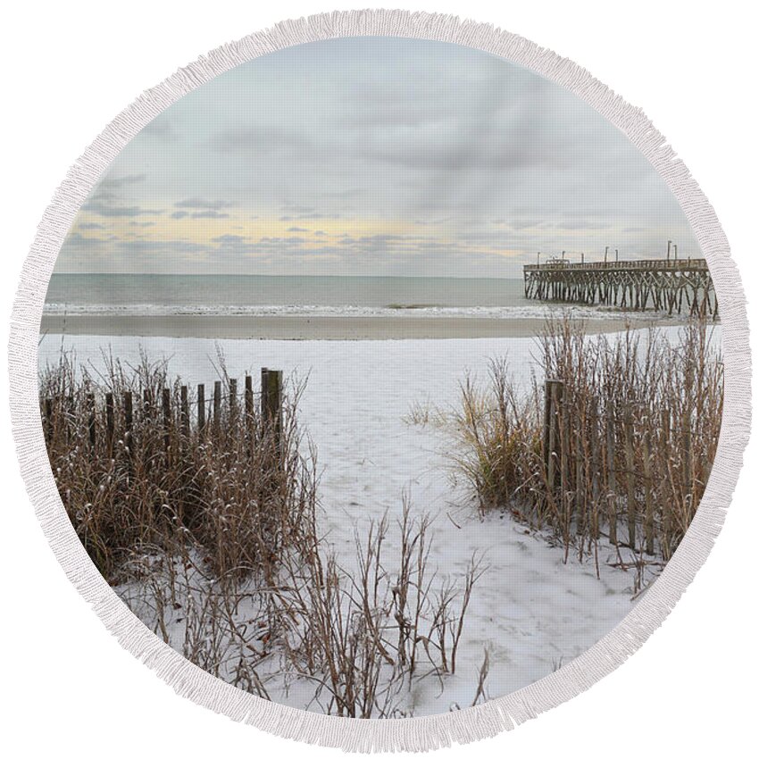 Beach Round Beach Towel featuring the photograph Snow On The Beach 7 by Kathy Baccari