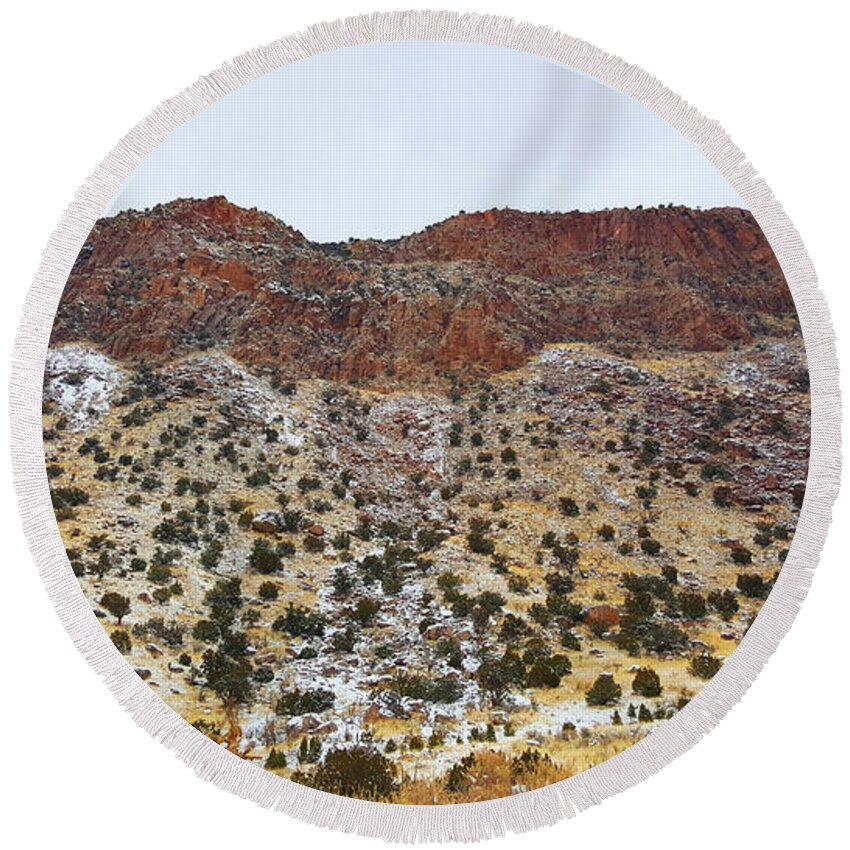 Southwest Landscape Round Beach Towel featuring the photograph Snow on the rocks by Robert WK Clark
