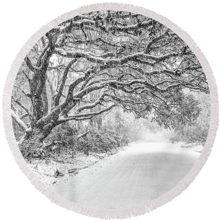 Snow Round Beach Towel featuring the photograph Snow On Witsell Rd - Oak Tree by Scott Hansen