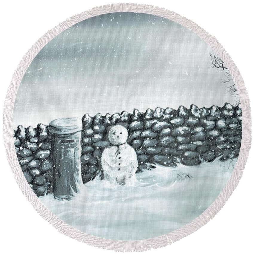 Snowman Round Beach Towel featuring the painting Snow Patrol by Kenneth Clarke