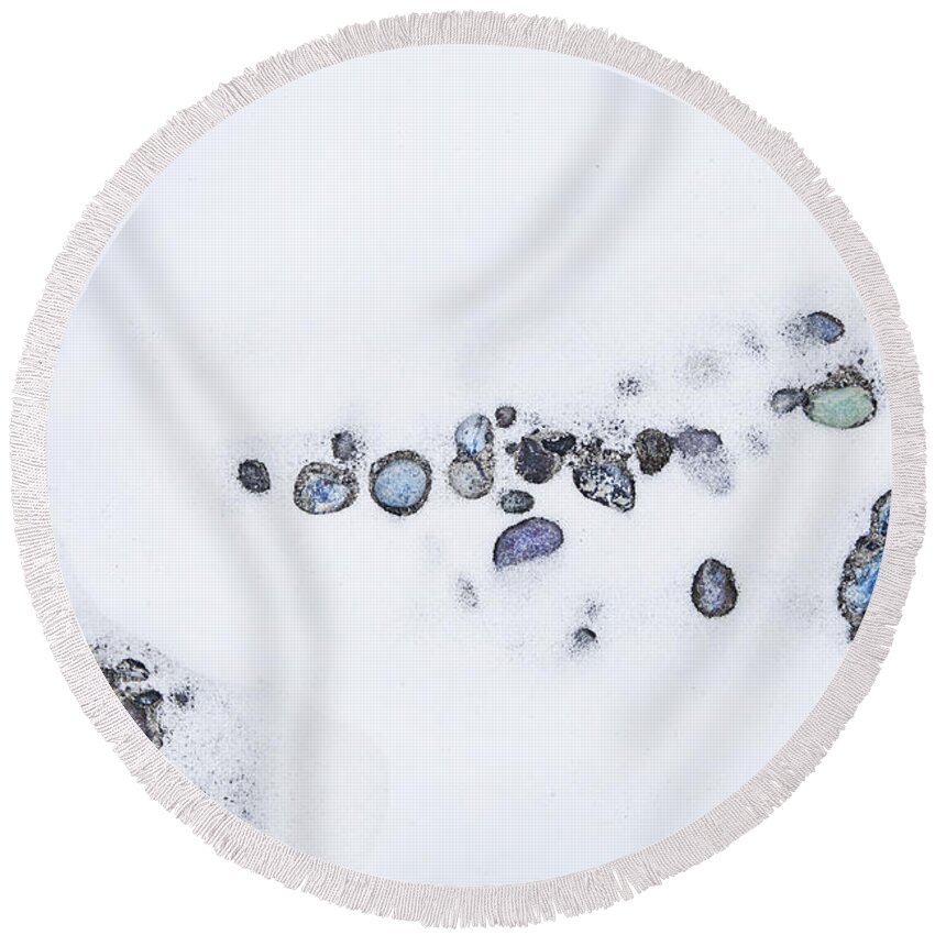 Theresa Tahara Round Beach Towel featuring the photograph Snow Pebbles Left by Theresa Tahara