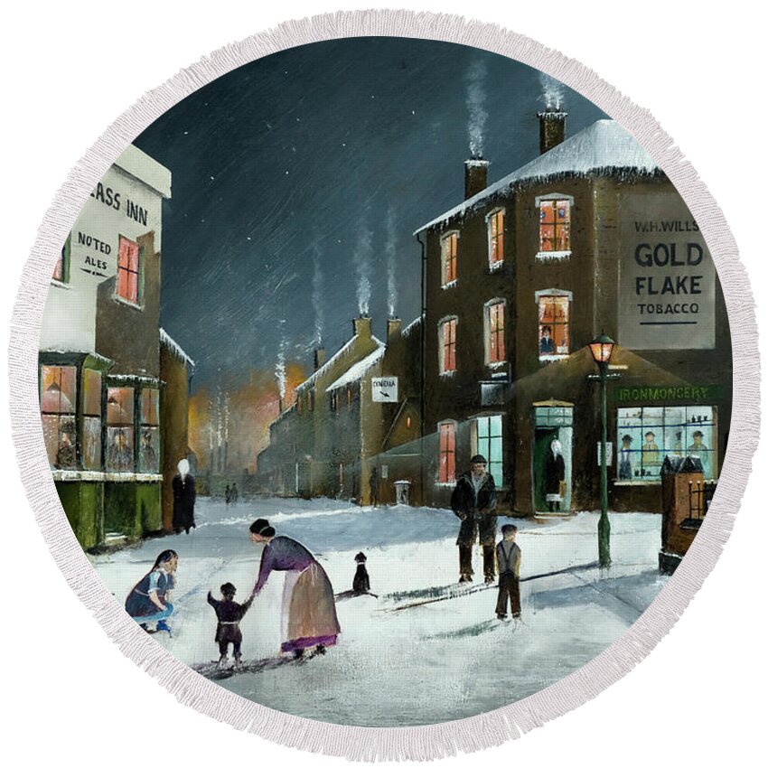 England Round Beach Towel featuring the painting Snow Scene At The Black Country Village - England by Ken Wood