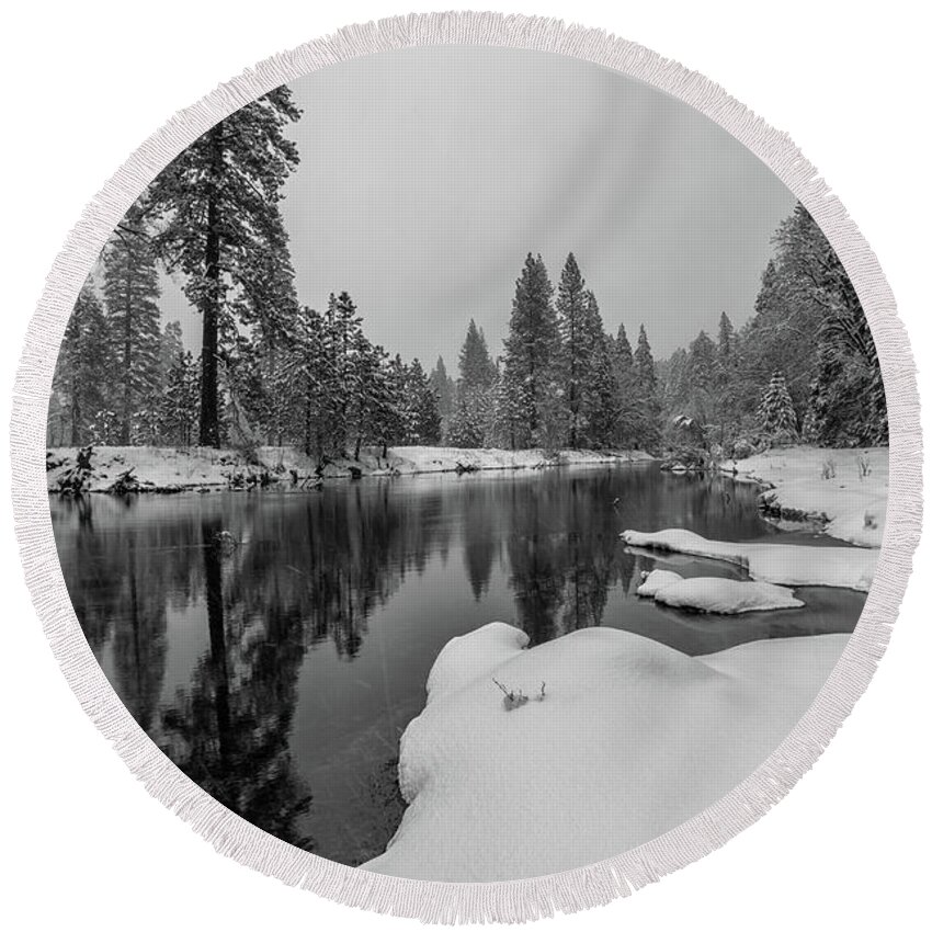 Landscape Round Beach Towel featuring the photograph Snow Shower Along Merced Riverbank by Jonathan Nguyen