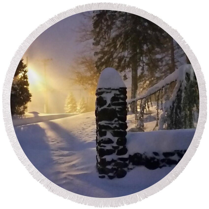 Snow Round Beach Towel featuring the photograph Snow Storm by Street Light by Vic Ritchey