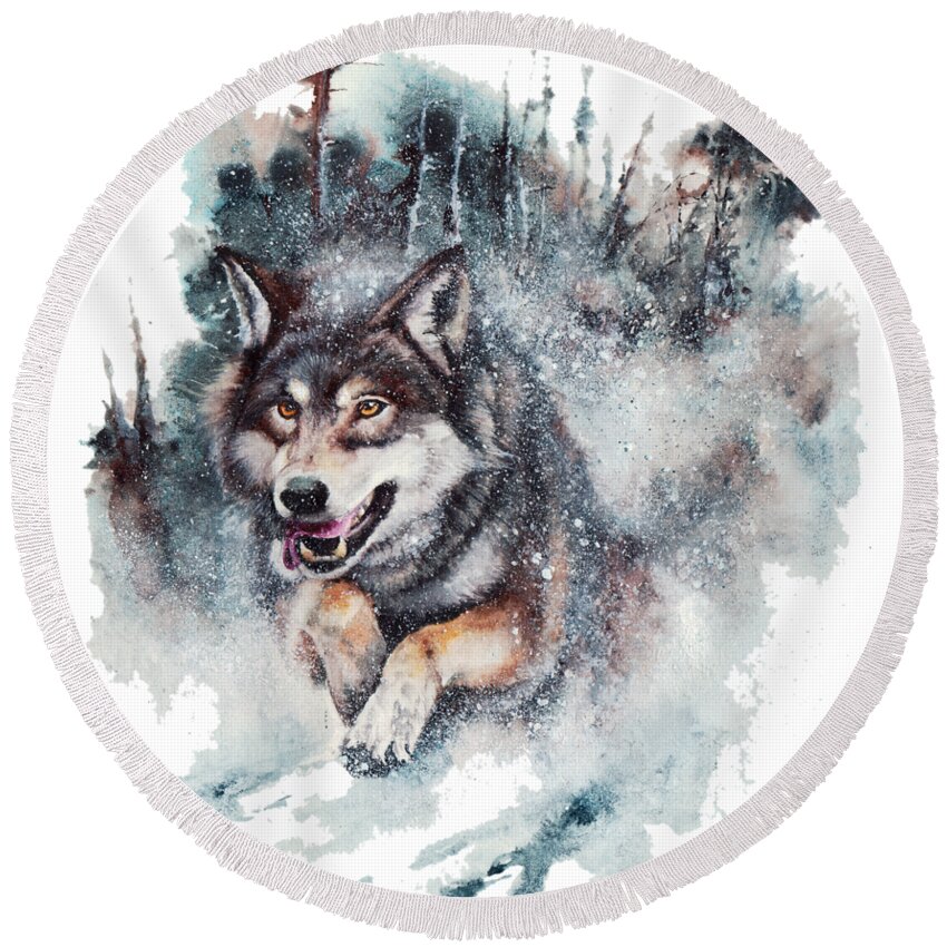 Wolf Round Beach Towel featuring the painting Snow Storm by Peter Williams