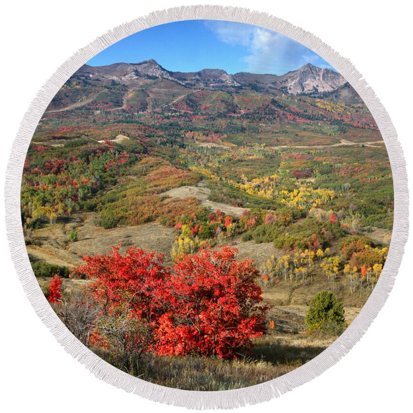 Snowbasin Round Beach Towel featuring the photograph Snowbasin and Autumn Colors by Brett Pelletier