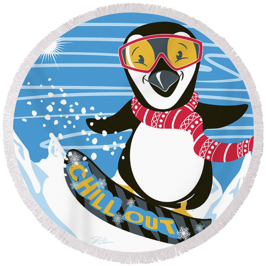 Penguin Round Beach Towel featuring the digital art Snowboarding Penguin by Shari Warren