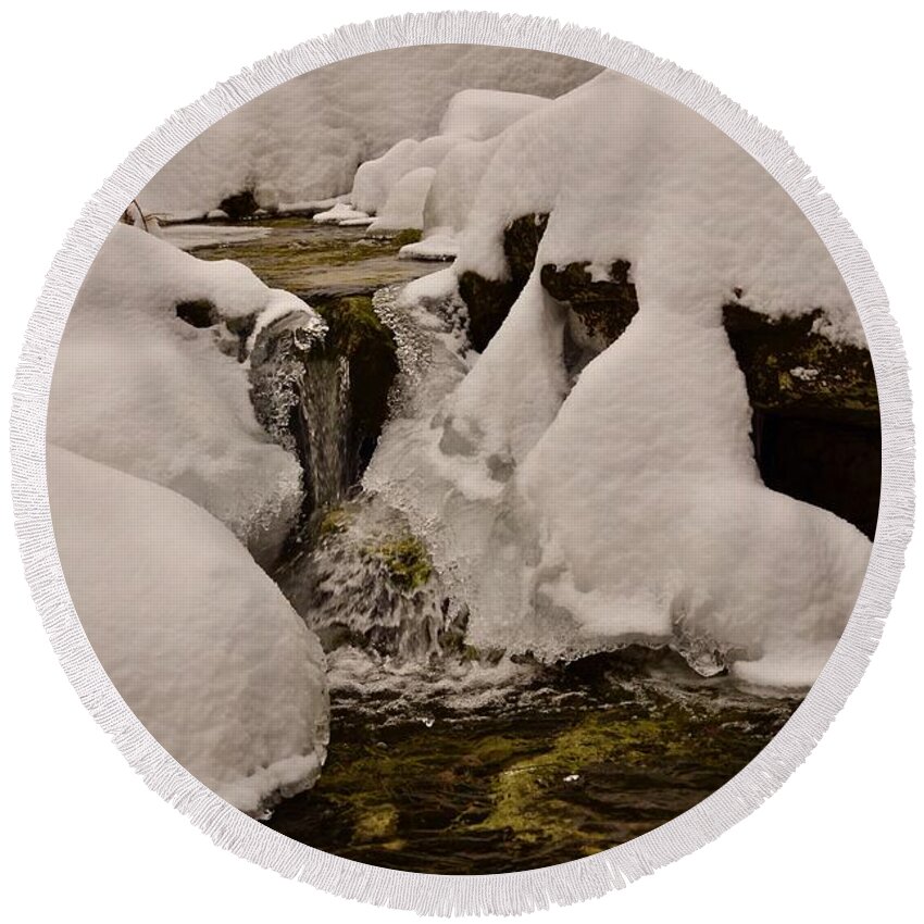 #snow Round Beach Towel featuring the photograph Snowcone Stream by Cornelia DeDona