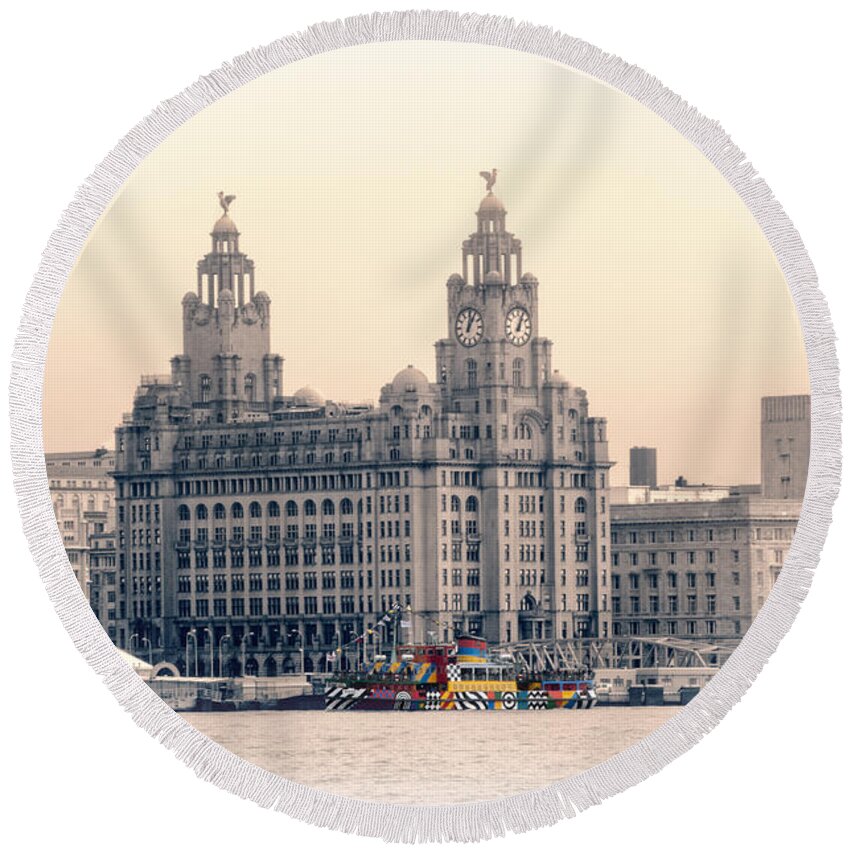 Pier Round Beach Towel featuring the photograph Snowdrop Dazzles in front of the Liverbirds by Spikey Mouse Photography