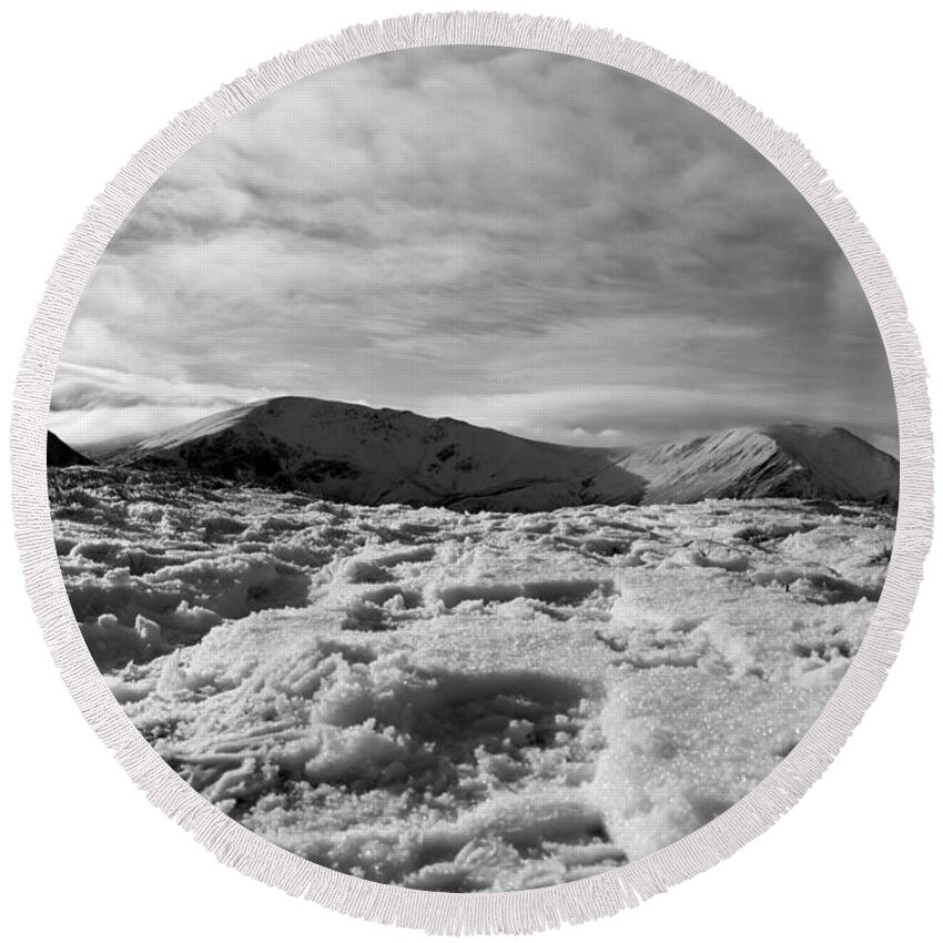 Nature Round Beach Towel featuring the photograph Snowed summit of the Mountains Black and White by Lukasz Ryszka