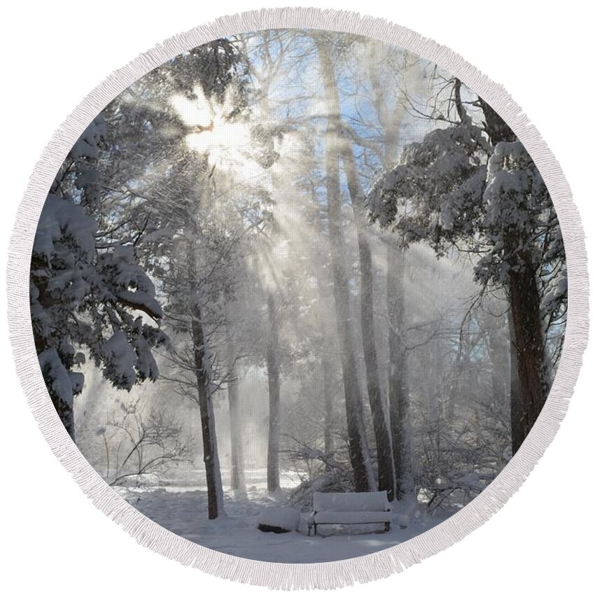 Sunburst Round Beach Towel featuring the photograph Snowflakes and Sunbeams by Dani McEvoy