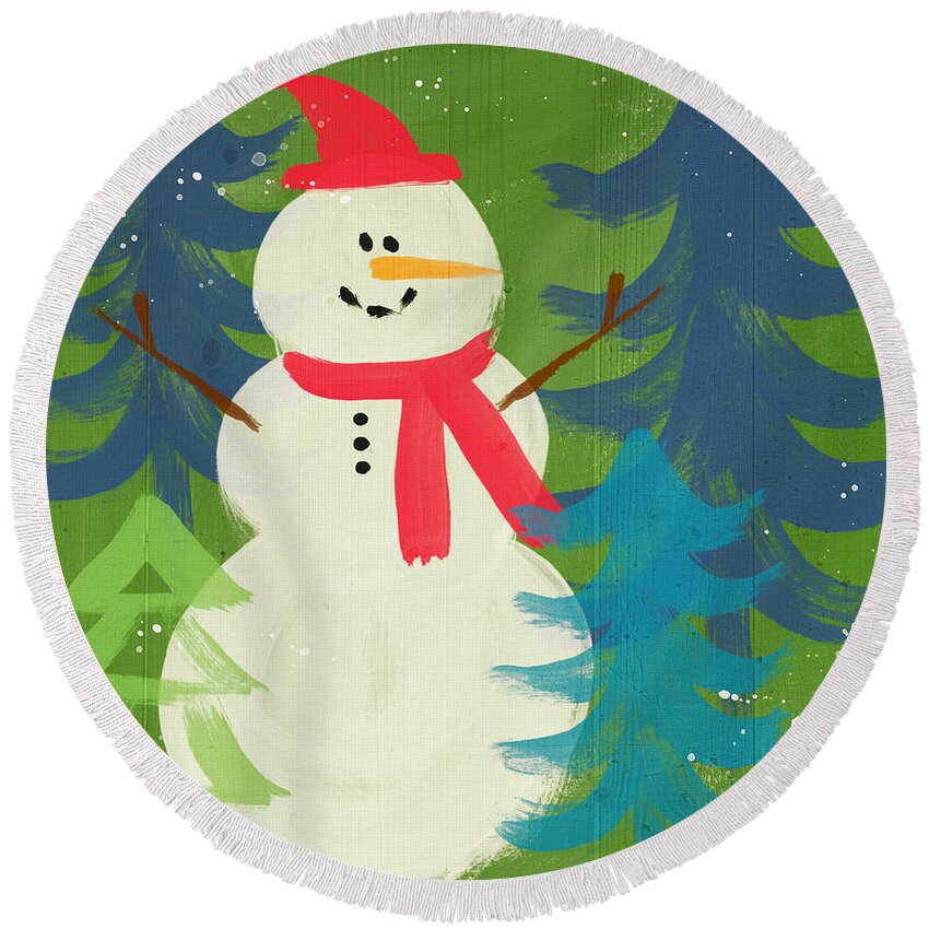 Snowman Round Beach Towel featuring the painting Snowman in Red Hat-Art by Linda Woods by Linda Woods