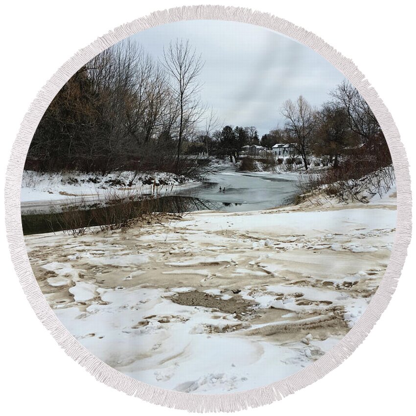 Elk Rapids Round Beach Towel featuring the photograph Snowy Elk Rapids River by Laura Kinker