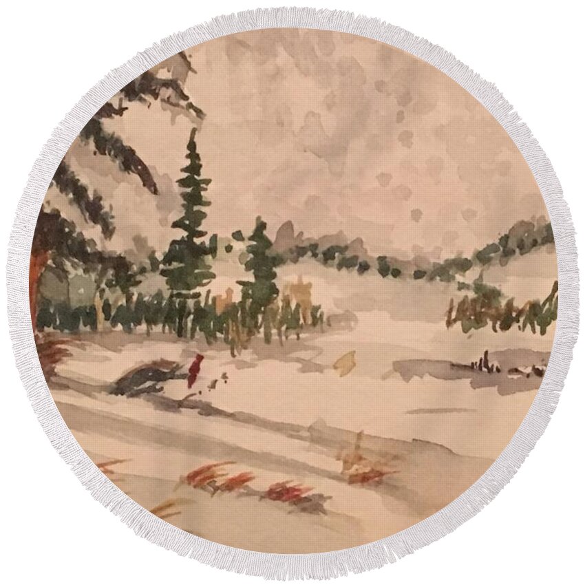 Snow Round Beach Towel featuring the painting Snowy Field by David Bartsch