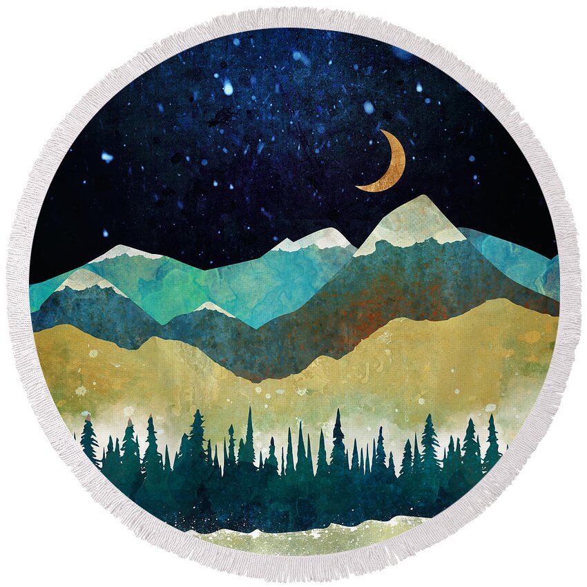 Snow Round Beach Towel featuring the digital art Snowy Night by Spacefrog Designs